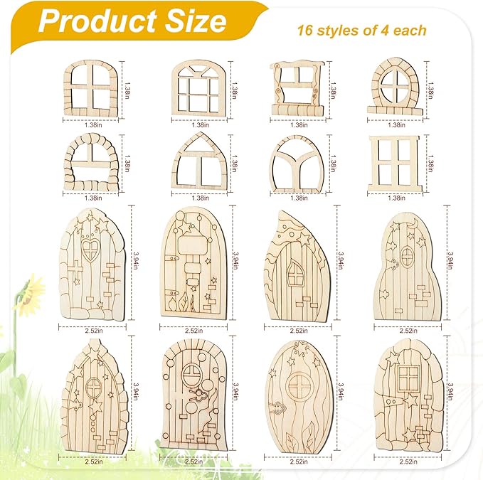 Yulejo 64 Pcs Mini Wooden Fairy Doors and Windows, Fairy House DIY Kit | Unpainted Wood Blanks for Garden Decor, Fairy House Accessories, Party Wedding Craft Projects