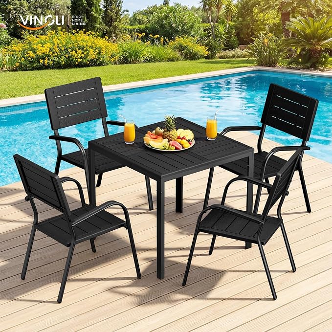 VINGLI Outdoor Patio Dining Set,5 Piece Square Table Patio Furniture Set,HDPE All-Weather Material Outdoor Dining Table and Chair for Garden, Backyard, Poolside,Black