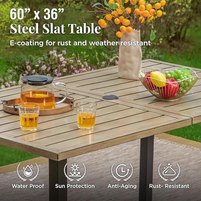 MIXPATIO Outdoor Patio Dining Table for 6, 60" x 36" Rectangular Metal Patio Dining Table with Umbrella Hole and Wood-Like Tabletop, All Weather Wrought Iron Outdoor Table for Backyard and Porch