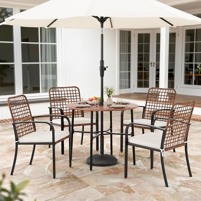 5 Pieces Patio Dining Set, Outdoor Dining Set with Handwoven Wicker Chairs & Wood Grain Table, Patio Table and Chairs Set with Cushions, Outdoor Table and Chairs for Garden
