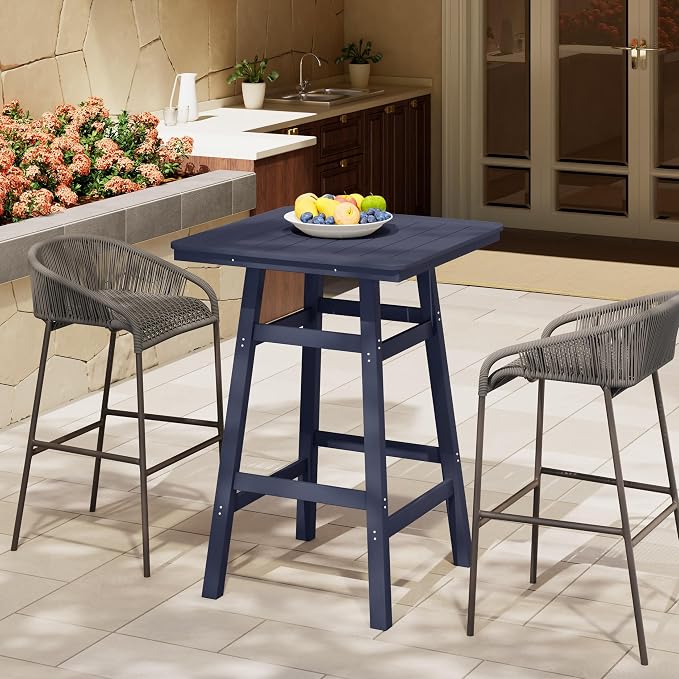 Costaelm Outdoor Bar Table, 42" Counter Height Square Patio Cocktail Bar Table with Umbrella Hole, Patio Bistro Dining Pub Table for Front Porch Deck Backyard Garden, Navy Blue