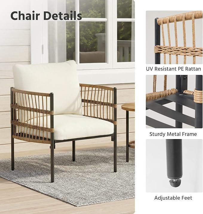 LAUSAINT HOME 3-Piece Outdoor Patio Furniture, All-Weather Wicker Patio Conversation Set with Thick Cushions and 2-Tier Coffee Table for Patio, Balcony, Backyard, Beige