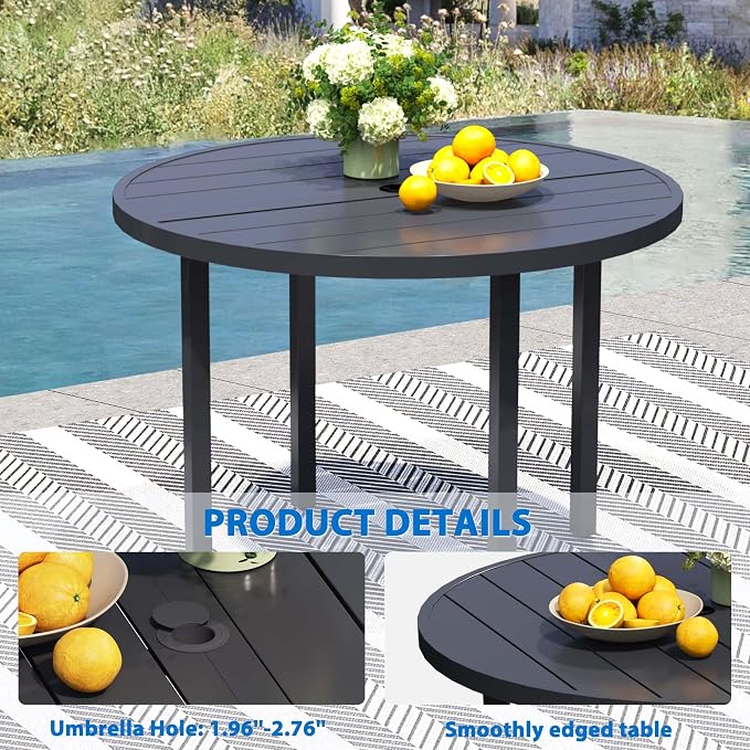 9-Piece Outdoor Dining Set for 8 – 60" Black Round Outdoor Table with Umbrella Hole & 8 Grey Patio Swivel Chairs, All-Weather Patio Furniture