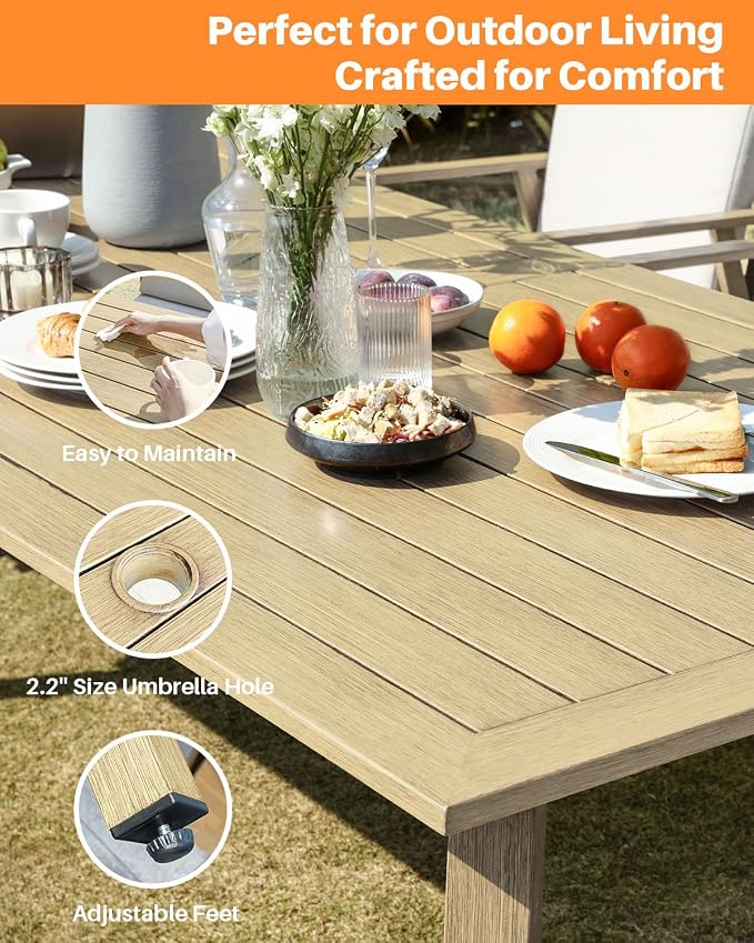 7 Pieces Outdoor Dining Set, Never-Rust Aluminum Patio Furniture Set with Umbrella Hole, All-Weather Outdoor Patio Dining Set for 6, Patio Table and Chair Set for Decks, Garden, Maple Wood