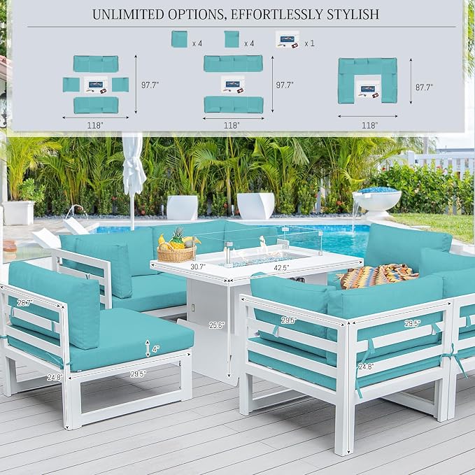 BULEXYARD 9 Piece Large Modern Aluminum Outdoor Patio Furniture Set with Fire Pit Table Propane/Gas, 29 inch Wide Deep Seat, Anti-Rust Comfy Sectional Sofa, 500 lbs Sturdy Conversation Set, Turquoise