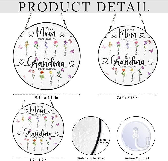 Personalized Birth Flower First-Now Grandma's Garden Stained Glass Window Hanging Suncatcher - Mother's Day, Birthday Gift for Mom, Grandma, Family, Custom Title, Names, Flowers
