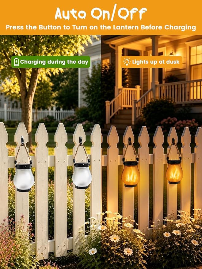Solar Lights Outdoor Waterproof 4 Pack Solar Flame Lanterns Halloween Decor | IP65 Waterproof, Dual Charging USB & Solar, Steady on and Flickering Flame Modes, Auto On/Off, Tree Patio Horror Decor