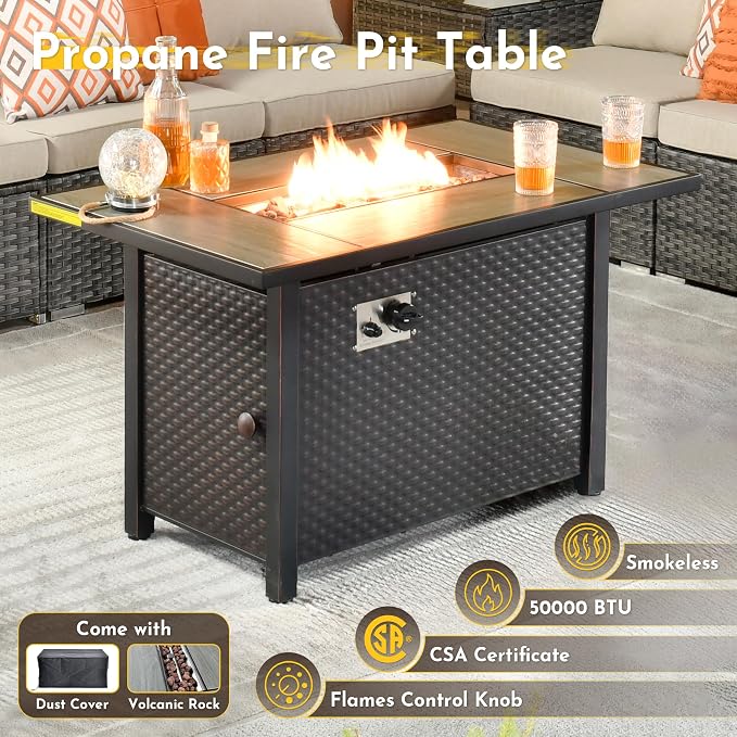 Weaxty 11 Piece Patio Furniture Set with Fire Pit Table, Outdoor Sectional Couch Swivel Rocker Patio Chairs with Coffee Table Wicker Conversation Sets for Balcony Backyard, Beige