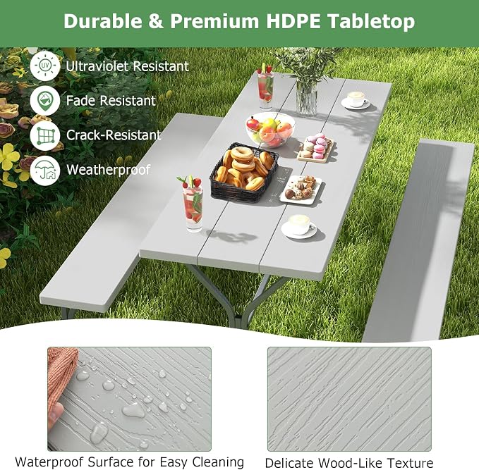 Tangkula 6 Ft Picnic Table with 2 Built-in Benches, Umbrella Hole, Metal Frame & HDPE Tabletop, 8-Person Large Table and Bench Set for Garden, Backyard, Patio (Grey)