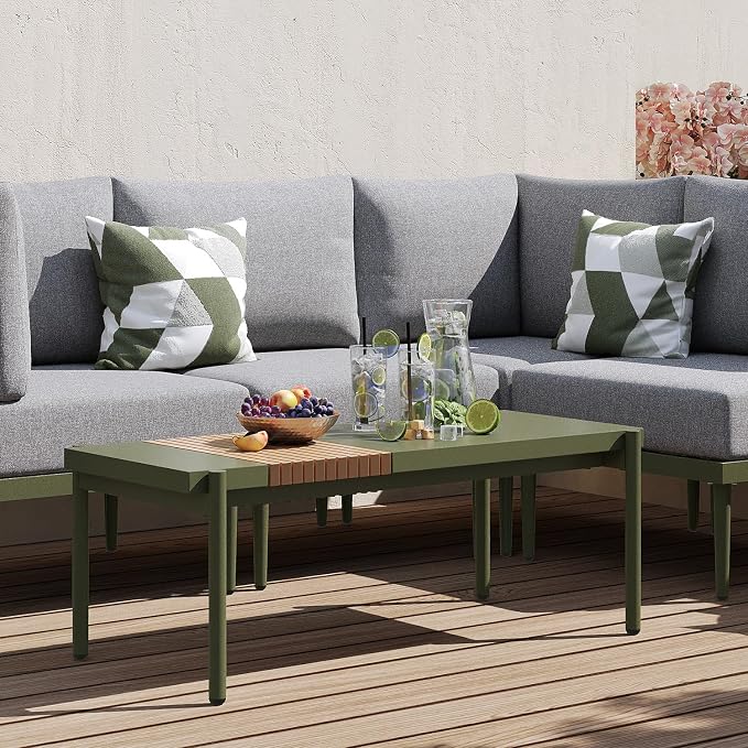 Sundale Outdoor Modern Metal Outdoor Coffee Table with Slatted Wood-Look Tabletop Design, Weather-Resistant Patio Side Table for Garden, Balcony, Poolside(Green)