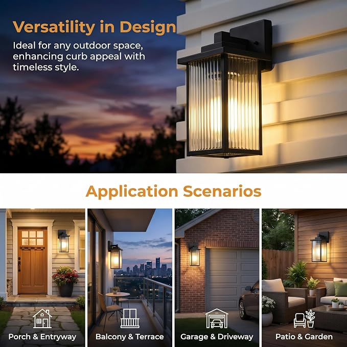 2-Pack 13-Inch Matte Black Outdoor Wall Light, All-Metal Frame | Textured Glass Softens Glare, Stays Bright. Waterproof Rust-Resistant Metal. Pre-Assembled DIY Install on Porch, Garage