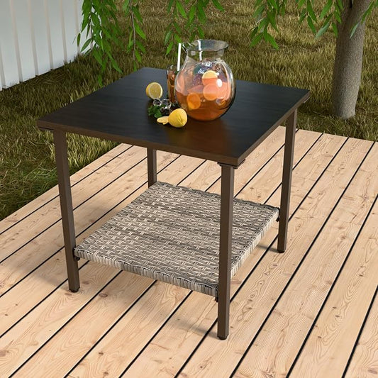 EAGLE PEAK Coastal Vista Outdoor Table with Wicker Shelf for Garden, Patio, Poolside and Porch, Square, Wood Grain Top