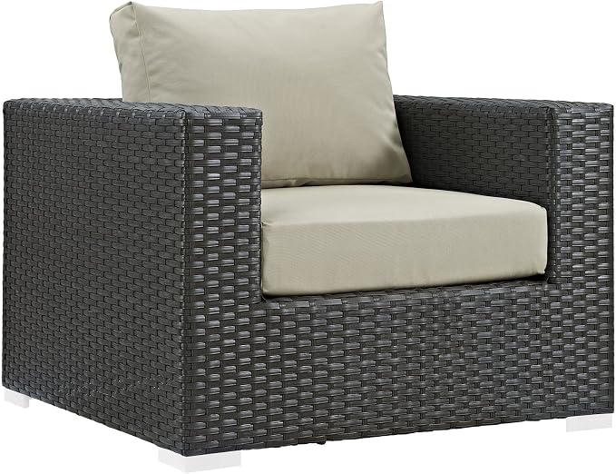 Modway Sojourn Wicker Rattan 3 Piece Outdoor Patio Sunbrella Sectional Set in Canvas Antique Beige