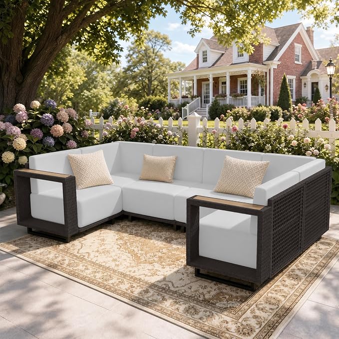 LazySunsets Patio Furniture Set, 6 Pieces Wicker Outdoor Sectional Sofa with 10'' Ultra-Thick Cushions & Ottomans, All-Weather Rattan Conversation Set for Backyard Poolside, Brown/Light Gray