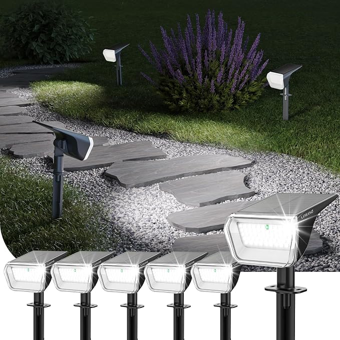Linkind Solar Spot Lights Outdoor Waterproof Floodlight Cool White 6 Pack | Wide Beam, 60 LEDs, 800LM, 2 Brightness Modes, 6500K, Dusk to Dawn, for Landscape Garden Patio Pathway Flag Yard House Sign