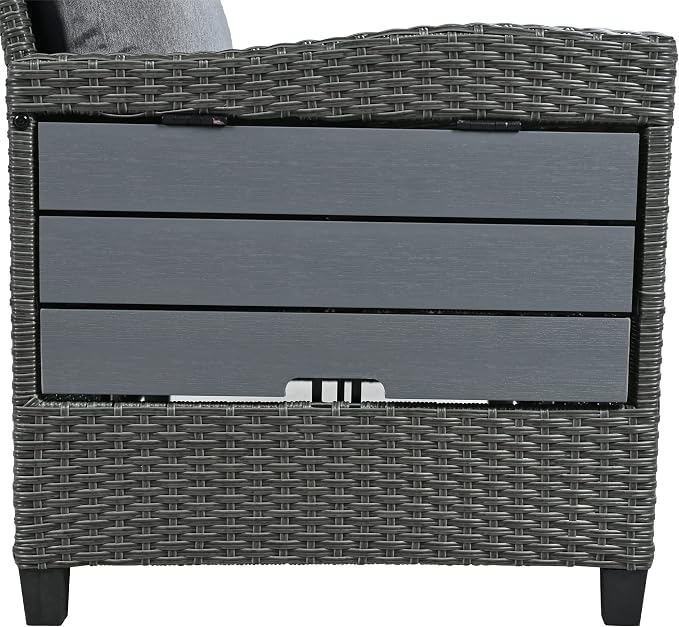 GDFStudio Brava Patio 5-Piece Conversation Set, Outdoor Rattan Sectional Sofa Set with Extendable Side Tables, Dining Table and Bench, L Shaped PE Wicker Furniture Set for Garden, Poolside, Grey