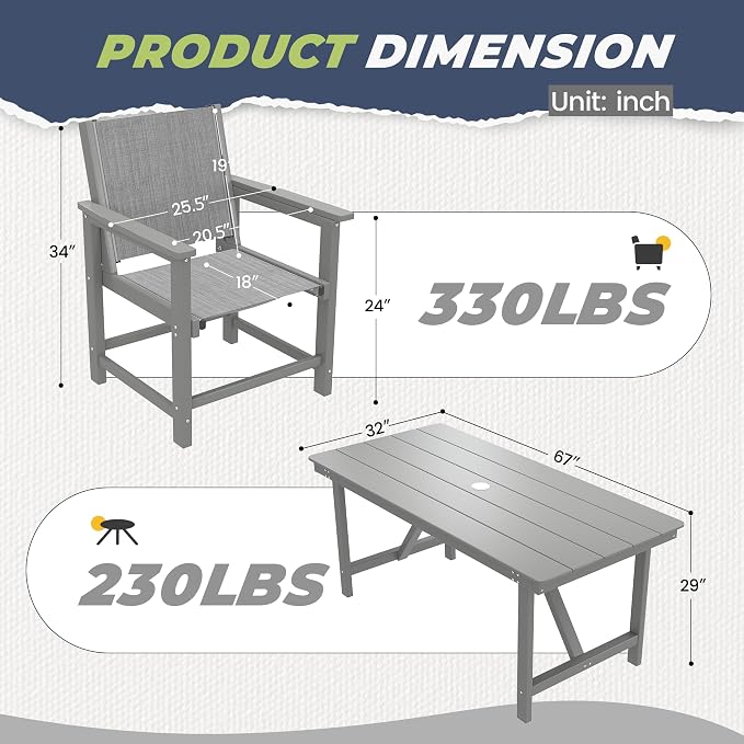 5 Piece HDPE Outdoor Furniture Patio Dining Set, All-Weather Table and Chair Sets with Umbrella Hole Outdoor Dining Table Sets of 4 Textilene Fabric Patio Chairs for Backyard,Poolside,Garden,Deck