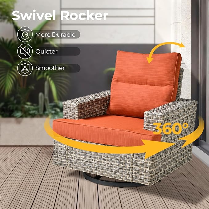 HOOOWOOO Sectional Patio Furniture Set with Fire Pit Table,17 Pieces Wicker Outdoor Furniture L Shaped Couch,Outside Conversation Set Extra Deep Sofa Wide Arm Swivel Chairs Ottoman Light,Brick Red