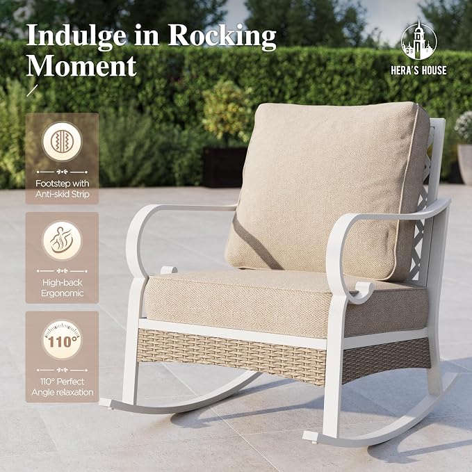 HERA'S HOUSE 4-Piece Patio Furniture Set with Metal & Rattan Design, 2 Rocking Chairs, 2-Seat Lover Sofa & Marble Coffee Table, All-Weather Outdoor Conversation Set for Garden Backyard, Beige