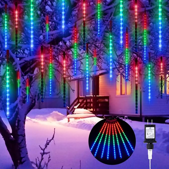 Brightown Meteor Shower Lights Outdoor, 16 Inches 16 Tubes 576 LED Icicle Lights, Waterproof Meteor Christmas Light, Hanging Falling Rain Light for Tree Holiday Party Christmas Decor, Multicolor