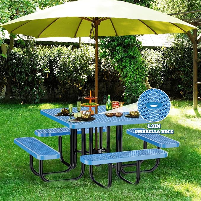 46IN Square Metal Picnic Table Set with Umbrella Hole and 4Benches for Outdoor, Expanded Heavy Duty Metal Commercial Grade Patio Dining Furniture for Yard Patio Lawn Party Coffee, Blue