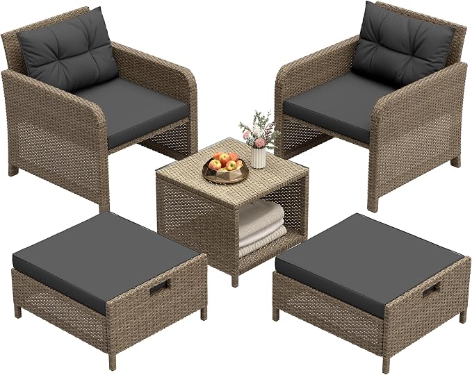 LHBcraft 5 Pieces Patio Set, PE Rattan Patio Conversation Set with Soft Cushions & Coffee Table, Outdoor Chairs with Hidden Ottoman for Porch, Lawn, Garden, Balcony, Black