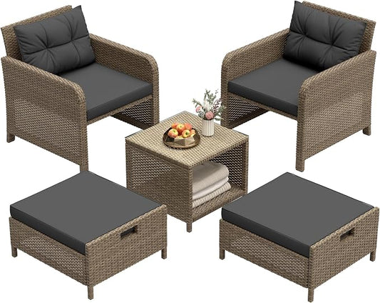 LHBcraft 5 Pieces Patio Set, PE Rattan Patio Conversation Set with Soft Cushions & Coffee Table, Outdoor Chairs with Hidden Ottoman for Porch, Lawn, Garden, Balcony, Black