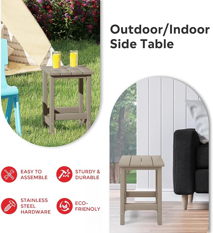 Costaelm Kids Outdoor End Table, Small Patio Table, Outdoor Side Table Porch Table Adirondack Patio Side Table for Outside, Pool, Porch, Garden, Weathered Wood