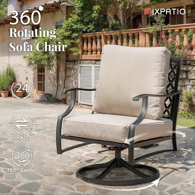 MIXPATIO Patio Furniture Set 6 pcs, Outdoor Patio Furniture, 1 X 3-Seat Sofa, 2 X Single Chairs, 2 X Swivel Chairs, 1 X Coffee Table and 5.75" Extra Thick Cushion, Patio Conversation Set,Beige