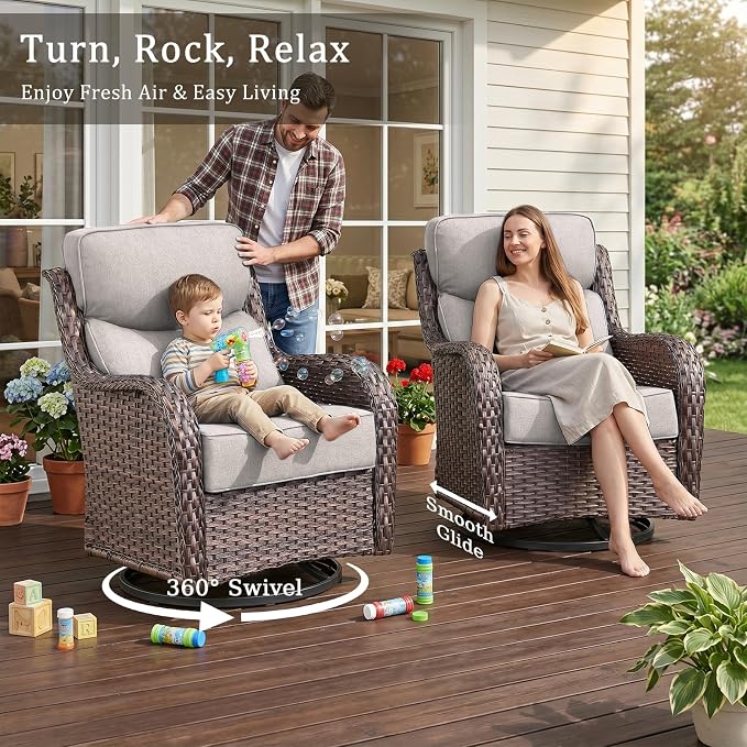 Luxury High Back Outdoor Furniture 6-Inch Thick Cushions with 50,000 BTU Gas Propane Fire Pit Tablet, Patio Furniture Set with Swivel Chairs, 8 PCS for Porch, Balcony, Deck and Yard