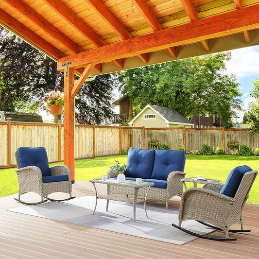 Belord Wicker Conversation Sets Patio Furniture 5 PCS Outdoor Rocking Chairs with Rattan Loveseat, Wicker Table and Chairs Set for Patio Deck Poolside Blue Cushion