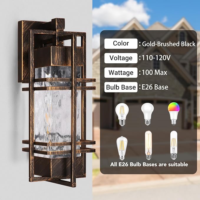 15" Outdoor Porch Light Fixtures Wall Mount, Lantern Lamp,Gold-swept Black | Water Ripple Glass, Rustproof Metal Frame, Waterproof,E26 Base, T30 Bulbs Included, Wall Lantern for Porch, Garage