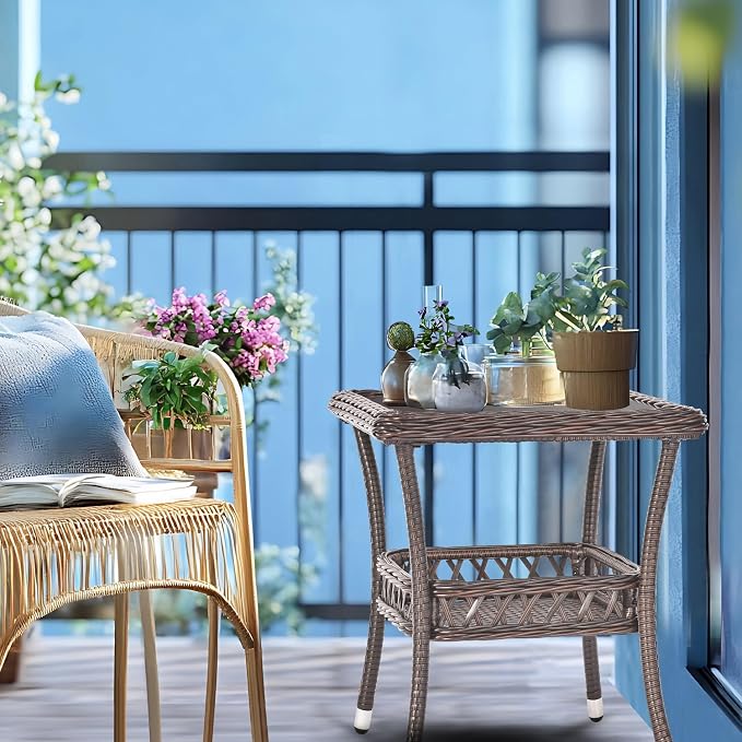 Outdoor Side Table Patio Wicker Coffee Table Outdoor End Table Rattan Bistro Table with Storage & Black Glass Table Top Square for Outside Balcony Porch Backyard Deck Brown