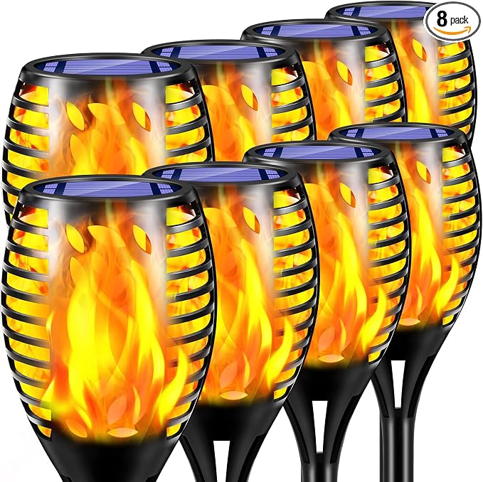 TomCare 8 Pack Solar Lights Outdoor Flickering Flame Solar Torch Lights | Realistic Flame Effect, Charges in 6-8 Hours, 10-12-Hour Runtime, IP65 Waterproof, Auto On/Off for Yard, Patio and Garden