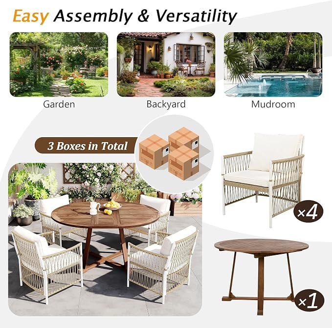 Merax Outdoor Dining Table Set, 5-Piece Outdoor Dining Table Sets with 4 Rattan Arm Chairs Patio Extendable Wooden Foldable Round Kitchen Table Set for Lawn, Deck, Backyard, Natural