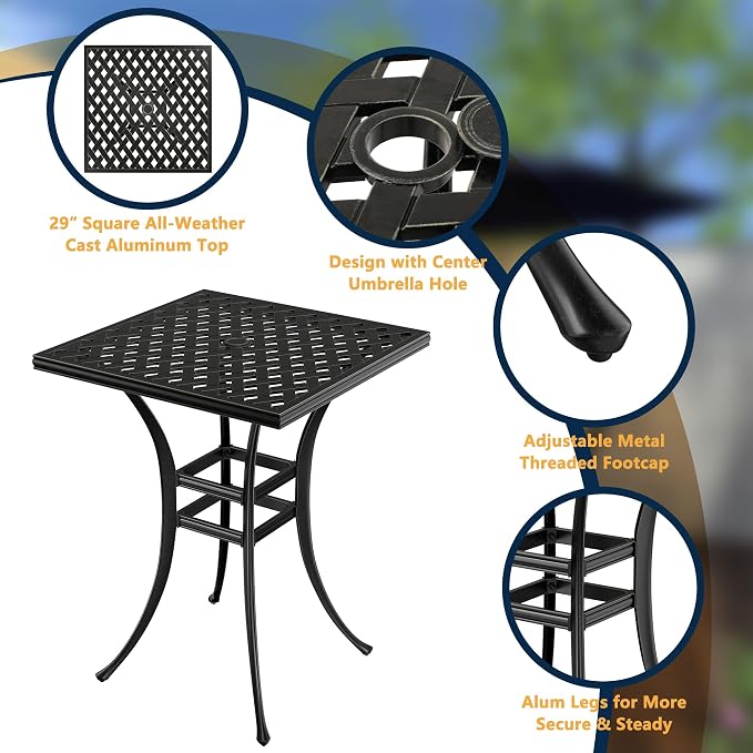 Clihome 29" Patio Table Outdoor Bistro Table Cast Aluminum Patio Dining Table with Umbrella Hole Patio Tables for Outside Table for Garden, Backyard, and Porch