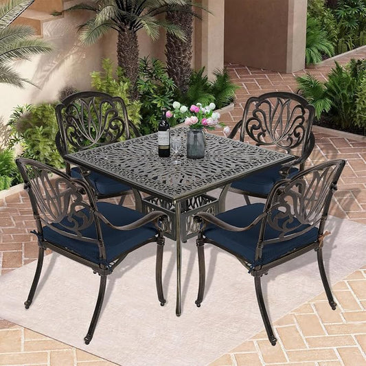 5-Piece Outdoor Patio Dining Set, All-Weather Cast Aluminum Patio Table Set, Include 4 Cushioned Chairs and a 35.4 inch Square Table w/Umbrella Hole for Balcony Garden Backyard, Navy Blue