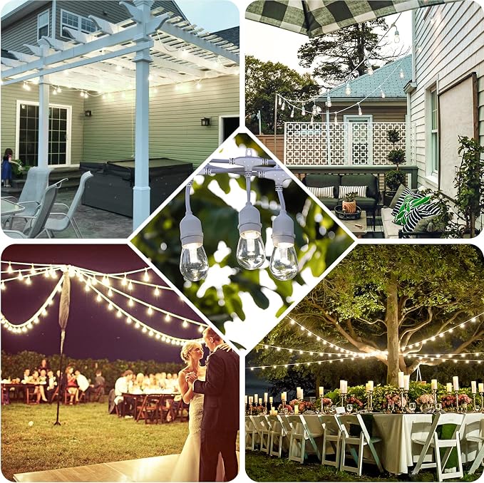96FT (2x48FT) LED Dimmable Outdoor String Lights, Patio String Lights Waterproof, Commercial Grade&Shatterproof, 4000K Natural White, White Cords, 15 Hanging Sockets String for Backyard, Gazebo