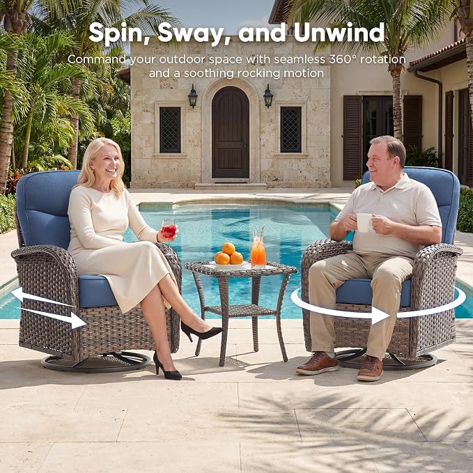 HUMMUH 7-Piece Patio Furniture Set with 6" Thick Cushion High Back Outdoor Swivel Rocker Chairs with 3-Seater Sofa,Coffee Table & Ottomans,Wicker Outdoor Conversation Set for Deck, Porch,Poolside