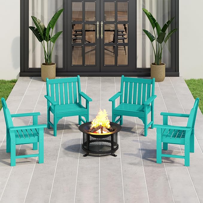 Costaelm Outdoor Dining Chairs with Arms Set of 4, Patio Dining Table Chair, HDPE Poly Lumber Waterproof Restaurant Bistro Farmhouse Chairs for Outside Porch Backyard Garden, Turquoise