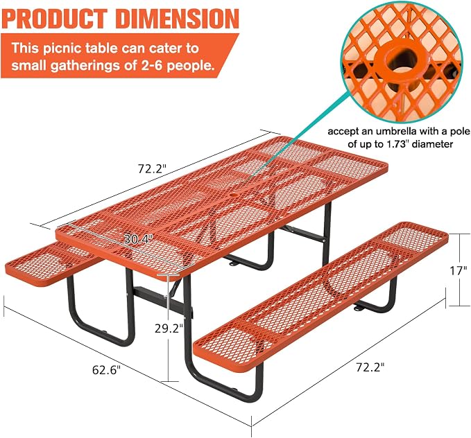 72'' Rectangular Steel Picnic Table for Outdoors,Commercial Metal Picnic Table with Umbrella Hole,Heavy Duty Sturdy Picnic Tables Furniture Set for Patio Garden Courtyard BBQ,Orange