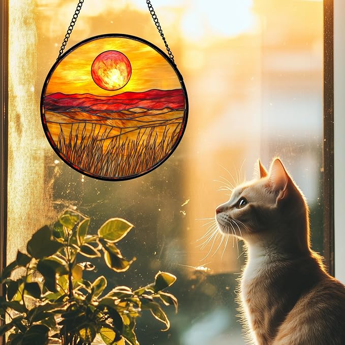 DASTOLL Stained Glass Window Hanging 4 Pcs Set Desert Sunset Theme Landscape Large 15" - Suncatcher Door Garden Sun Catcher Decor Birthday Christmas for Mom Woman Nana Men