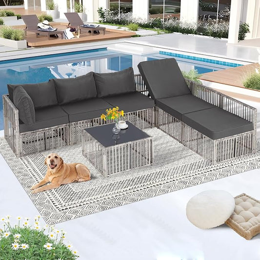 FHFO 7 Piece Outdoor Wicker Patio Furniture Set, Grey/Dark Grey | Sectional Sofa | All-Weather Hand-Woven Rattan | Tempered Glass Coffee Table | Adjustable Backrest | Indoor & Outdoor Use