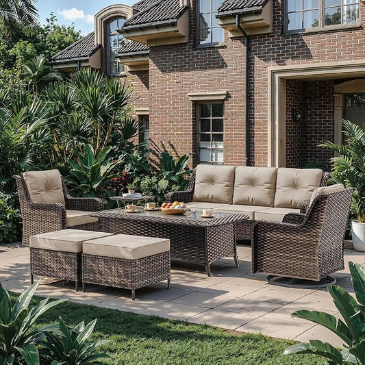 Kurapika 7-Piece Patio Furniture Set, Wicker Thick-Backed Outdoor Swivel Rocking Chair, Includes Coffee Table and Thick Cushions, Conversation Set for Porch,Patio, Sand