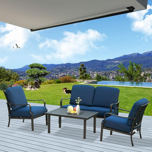 Domi Patio Conversation Set 4 Pieces, Metal Outdoor Patio Furniture with Coffee Table, All-Weather Modern Deep Seating Sofa Set with Cushions (Spring Coil Seat Cushion) -Blue