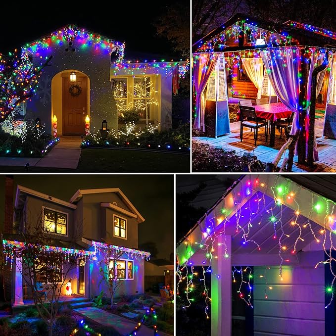 Colored Christmas Lights Outdoor 66ft 640 LED Icicle Lights for Outside | Connectable Clear Wire 8 Modes Timer Plug in Waterproof for House Xmas Yard Tree Eaves Party Holiday Decoration, Multicolor