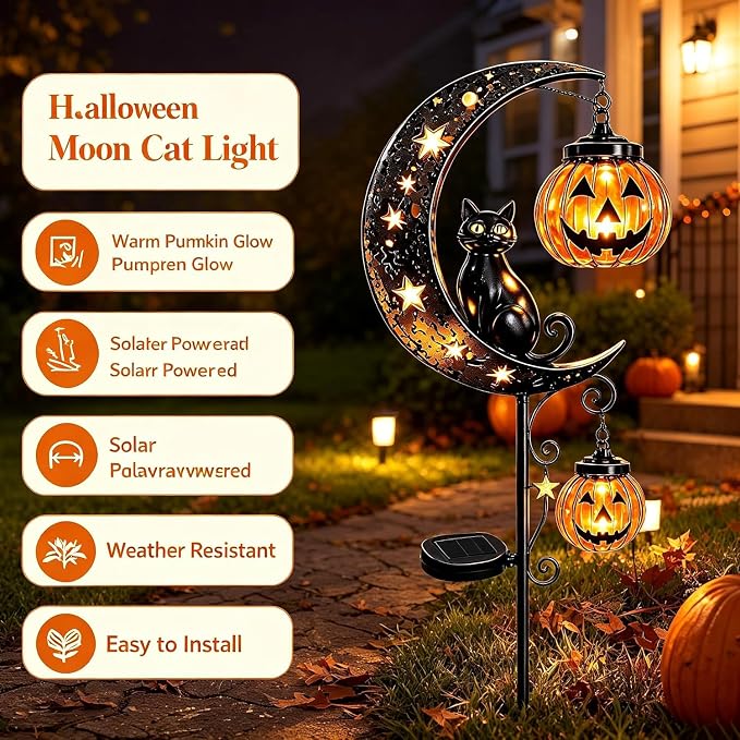 Solar Halloween Black Cat Garden Stake Light – Metal Crescent Moon & Pumpkin Lantern Yard Decor, Auto On/Off Waterproof LED Landscape Lighting for Patio Lawn Pathway (C)