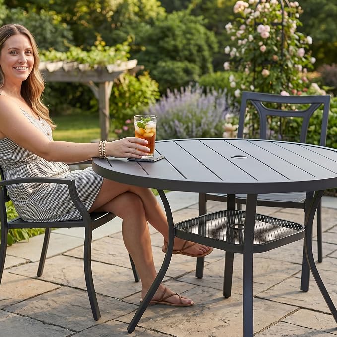 VICLLAX Metal Outdoor Dining Table for 4, All Weather 40.7" Black Round Patio Table with Adjustable Umbrella Hole for Lawn, Garden, Balcony and Poolsides, GreyTabletop