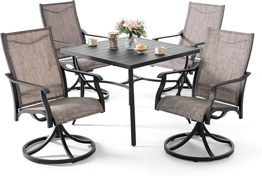 NUU GARDEN 5 Piece Outdoor Dining Set, Aluminum Patio Dining Table with 1.97" Umbrella Hole and 4 Textilene Swivel Chairs, Weather-Resistant Patio Furniture for Garden Backyard, Brown and Black