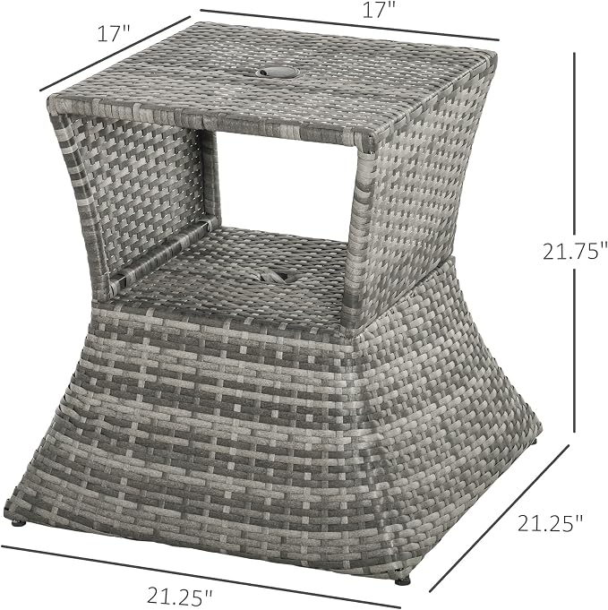Outsunny Outdoor Side Table with Umbrella Hole, 2 Tier Rattan Wicker End Table with Storage Shelf, All Weather for Patio, Garden, Backyard, Mixed Gray